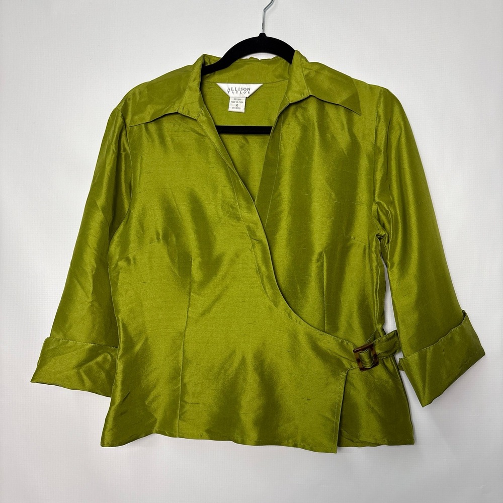 Allison Taylor 100% Silk Wrap Blouse Chartreuse Green Buckle Top Size 10